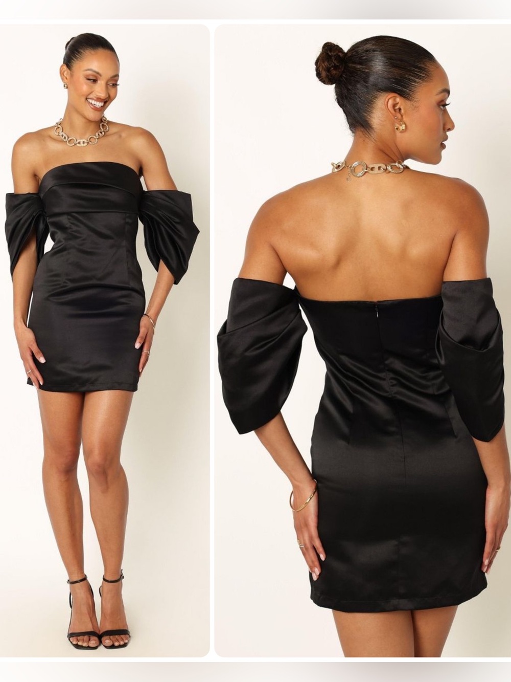 Petal & Pup Nisha Black Off-Shoulder Statement Puff Sleeves Mini Dress $139